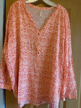 grand & greene Coral and White Ikat Henley Tunic